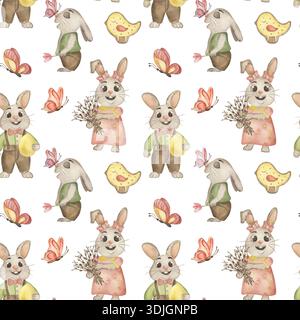 Süßes, handgezeichnetes Aquarellmuster mit süßen Häschen, Ästen der Frühlingsweide und gelben Vögeln. Handgemalt festlich Stockfoto