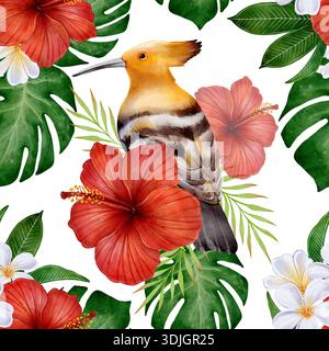 Nahtloses tropisches Muster mit Wiedehopf-Vögeln, roten Hibiskusblüten und grünen Monstera-Blättern auf weißem Hintergrund, perfekt für Stoff, Tapeten, Geschenkpapier, Schreibwaren und Sommerdesign. Stockfoto