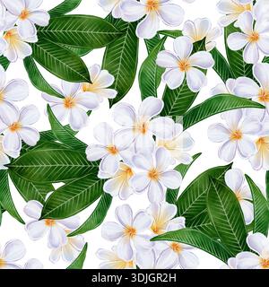 Aquarellnahtloses tropisches Muster mit weißen Plumeria-Blumen und grünen Blättern auf weißem Hintergrund, perfekt für Stoff, Tapete, Geschenkpapier, Schreibwaren, Textil- und Sommerblumendesign. Stockfoto
