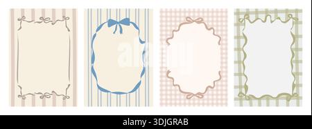Vintage handgezeichnete Bandrahmen-Hintergrundschablonen mit Schleifen auf Pastellstreifen und Karomustern. Weiche, dekorative Ränder im Retro-Look für Einladungen Stock Vektor