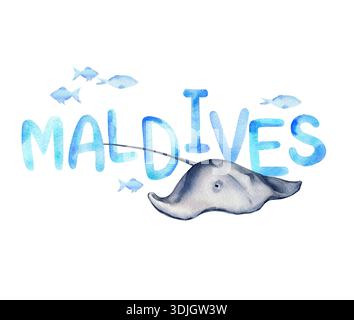 Aquarellblau Inschrift Malediven, blaue Fische, Rochen, tropisches Tier des Indischen Ozeans, Unterwasserwelt des Ozeans, Meer, Bewohner Stockfoto