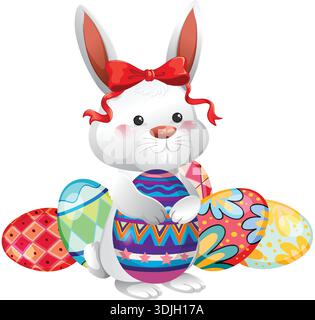 Ein weißes Karikaturkaninchen mit roter Schleife hält ein verziertes Ei vor weißem Hintergrund Stock Vektor
