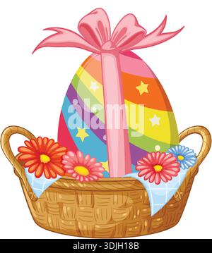 Vektor-Illustration eines dekorierten Regenbogeneis mit Blumen in einem braunen Korb Stock Vektor