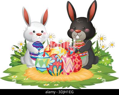 Weiße und schwarze Kaninchen halten farbenfrohe gemusterte Eier auf einem grasbewachsenen Wiesengrund Stock Vektor