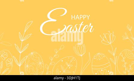 Frohe Ostern-Grußbanner. Gelber Hintergrund mit Silhouette von gemalten Eiern, Blumen, Kräutern und Glückwunschtext. Vektorgrafik Stock Vektor