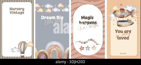 Niedliche böhmische Kinderplakate. Boho-Vektor-Aquarell-Druckvorlage für Wanddekor im Kinderzimmer. Niedliches Luftschiff und Luftballon handgezeichnet Stock Vektor