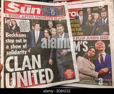 Titelbild der britischen Boulevardzeitungen Fehde von David Beckham Stockfoto
