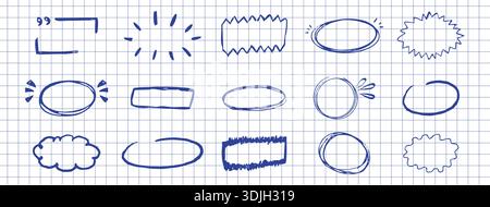 Heben Sie den Buntstift blau hervor, unterstreichen Sie Kreide oder Buntstift handgezeichnete Umrandung, Rahmenset, Schulnotizen. Freihand-Ovale, Kreise, Linien kritzeln. Ellipsenrahmen mit Kreidestift. Vektorabbildung Stock Vektor