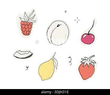 Frucht Doodle Sketch handgezeichnet Set tropische und Gartenfrüchte und Beeren. Dekorative Vektorelemente für Poster, Plakat, Grußkarte, Menü oder Hochzeitseinladung. Vektorabbildung Stock Vektor