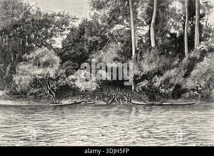 Die Bongos versammelten sich am Ufer des Ubangi, um den Jean Dybowski-Missionspass zu beobachten. Zentralafrika. Alte gravierte Illustration aus dem 19. Jahrhundert aus La Nature 1893 Stockfoto