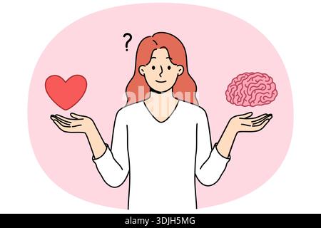 Die Frau versucht, ein Gleichgewicht zwischen Bildung und romantischer Beziehung zu finden, indem sie das Herz mit dem Gehirn in den Händen hält. Wahl der Lebensprioritäten und des Gleichgewichts zwischen Instinkt und Intellekt bei Entscheidungen Stock Vektor