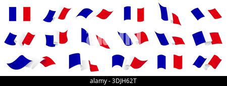 Französische Flaggensammlung, Frankreich Flaggensatz, Frankreich wehende Flaggenvektorsymbole auf isoliertem Hintergrund, fliegende französische Flaggensymbole, 3D fließende nationale banne Stock Vektor