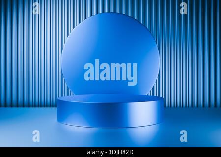 Blaues Podium mit vertikalem geripptem Wandhintergrund 3d Stockfoto