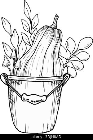 Ein Garteneimer mit Kürbis, Blättern und Pilzen. Botanische Vektordarstellung. Handgezeichnet in schwarzer Tinte. Umrisszeichnung für saisonale Feiertage Stock Vektor