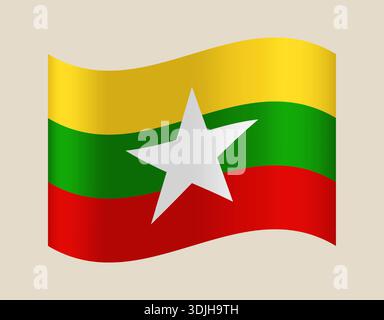 Myanmars Nationalflagge winkt anmutig, eine detaillierte Vektor-Illustration des birmanischen Symbols, das Stolz und Patriotismus repräsentiert. Stock Vektor