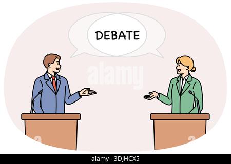 Debatte zwischen zwei Politikern, die hinter dem Podium stehen und über Möglichkeiten zur Lösung staatlicher Probleme streiten. Mann und Frau nehmen an der Debatte Teil und sprechen über politische Programme ihrer Partei. Stock Vektor