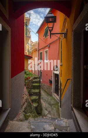 Blick auf die lebhafte, enge Straße mit den Treppen, die von einem Bogengang eingerahmt sind, und die farbenfrohen Gebäude in Manarola, Ligurien, Italien. Stockfoto