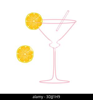 Cocktailglas mit Zitronenscheibe und Stroh. Cocktailglas im Martini-Stil mit Trinkstroh und gelber Zitronenscheibe. Minimalistisches Design. Vektor Stock Vektor