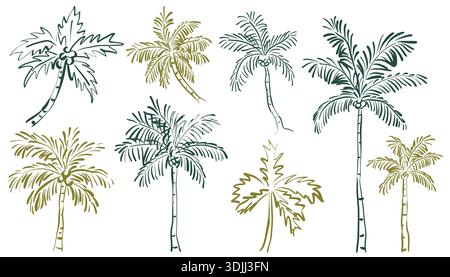 Eine Sammlung von einfarbigen Palmendarstellungen im Stil von Doodle-Skizzen. Perfekt für Inselurlaubsgrafiken, Reisen, Sommer-Branding-Akzente und b Stock Vektor