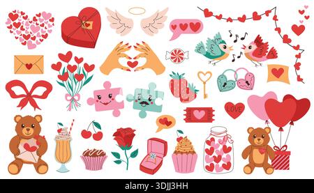 Set mit niedlichen Zeichentrickelementen für den Happy Valentinstag mit Herzen, Engelsflügeln, Geschenken, Teddybären, Rosen, Vögel, Süßigkeiten, Cupcake, Milchcocktail und Stock Vektor
