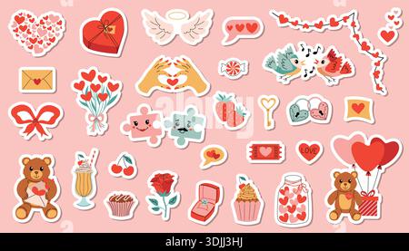 Set von Cartoon-Aufklebern für den Happy Valentines Day mit Herzen, Engelsflügeln, Geschenken, Teddybären, Rosen, Vögel, Süßigkeiten, Cupcake, Milchcocktail und Ballo Stock Vektor