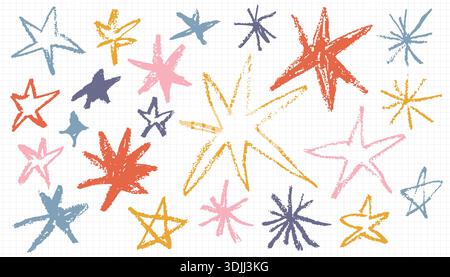Ein verspieltes, lebendiges Set handgezeichneter Sterne in verschiedenen Formen und Größen mit Buntstift-Textur. Isoliert auf einem Gitterhintergrund ist diese Sammlung perfec Stock Vektor