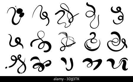 Ein vielseitiges Set aus schwarzen kalligrafischen Locken, Wirbeln und stilisierten Blüten. Diese handgezeichneten, farbigen Elemente eignen sich perfekt als Trennelemente, Akzente oder Stock Vektor