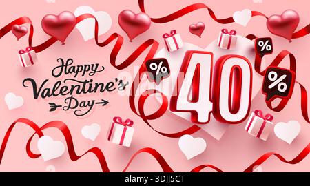 Werbebanner zum Valentinstag 40 mit Herzen, Bändern und Geschenkboxen. Vektorabbildung. Stock Vektor