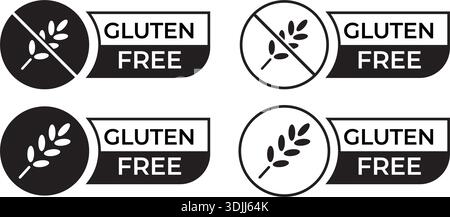 Set von lebensmittelallergiefreien Emblemen und Bio-Produktsymbolen; glutenfreie, zuckerfreie und milchfreie Etiketten; schwarzer minimalistischer allergiefreier Vektor Stock Vektor