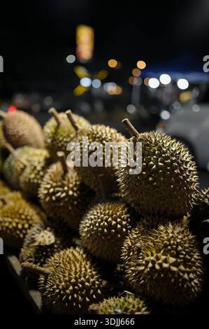 Close Up Street Food frisches lokales Durianobst in Aceh, Indonesien, das nachts am Straßenrand verkauft wird. Stockfoto