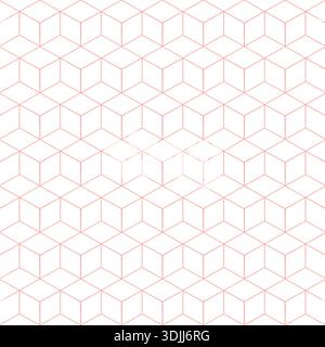 Nahtloses geometrisches Würfelmuster mit rotem Linienraster auf weißem Hintergrund, abstraktes isometrisches Design für moderne Einrichtung. Stock Vektor