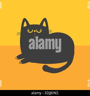 Schwarze Katze Zeichentrickfigur, die auf gelbem Hintergrund liegt, einfache niedliche Haustierzeichnung mit flachem Design-Stil. Stock Vektor