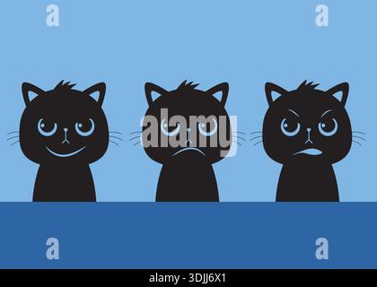Drei schwarze Katzengesichter zeigen verschiedene Emotionen glücklich, traurig und überrascht auf blauem Hintergrund, einfache flache Illustration. Stock Vektor