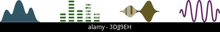 Bunte Symbole für Schallwellen und Equalizer. Minimaler Vektorsatz von Frequenz- und Wellenformabbildungen Stock Vektor
