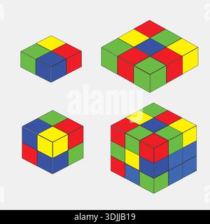 Farbenfrohe Würfel-Puzzle-Entwicklung von flachen Blöcken zu vollen 3D-Würfel, rot grün blau gelb Quadrate in geometrischer Struktur auf weißem Hintergrund angeordnet. Stock Vektor
