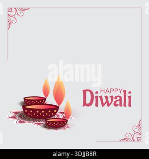 Happy Diwali Grußkarte mit leuchtenden Diyas und dekorativer Borte, festliches Hindufest mit Lichterfestdesign. Stock Vektor