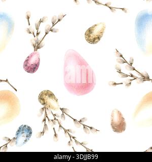 Weidenzweige in Aquarellfarben mit nahtlosem Ostermuster. Traditionelles Symbol für religiöse helle Feiertage in Pastellfarben. Handgezeichnet Stockfoto