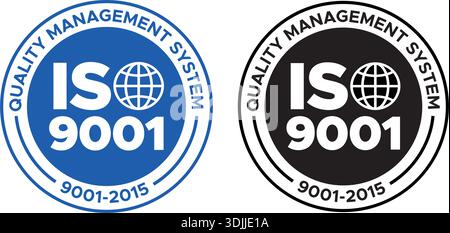 ISO 9001-zertifizierte Qualitätsmanagementetiketten und -Abzeichen – Vektorset für Zertifizierung, Compliance und Business Stock Vektor