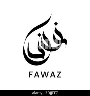 Vektorkunst des eleganten weißen arabischen Kalligraphie-Logos für den Namen fawaz. Ein markantes weißes arabisches Kalligraphie-Logo mit dem Namen Fawaz. Stock Vektor