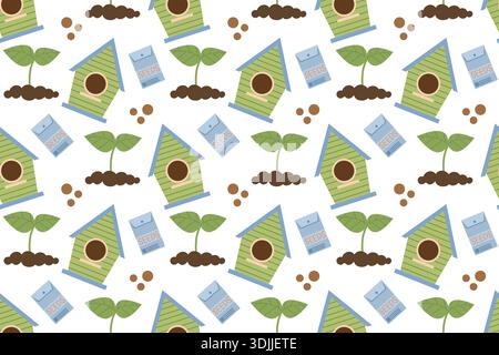 Nahtloses Muster mit Samen, Setzlingen und einem Vogelhaus. Sommerserie mit flachen Illustrationen. Werkzeuge für den Pflanzenanbau, Gartenbau und Gemüsegarten Stock Vektor