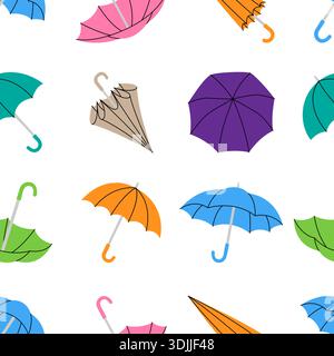 Regenschirmmuster, nahtloses Vektor-Design von bunten Regenschirmen, die für Verpackung, Textil und kreative Dekoration angeordnet sind Stock Vektor
