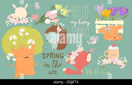 Cartoon-Set mit niedlichen Tieren und Blumensträußen im Frühling Stock Vektor