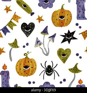 Ein skurriles, nahtloses Aquarellmuster mit stilisierten Herzen, Kürbissen und auffälligen Pilzen – alles im Geiste von Halloween auf einer sauberen Seite Stockfoto