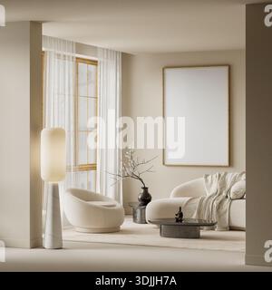 Ein sanfter, minimalistischer Raum in Japan mit einem Posterrahmen, geschwungenen Möbeln, warmer Beleuchtung und neutralen Texturen für einen ruhigen und modernen Look Stockfoto