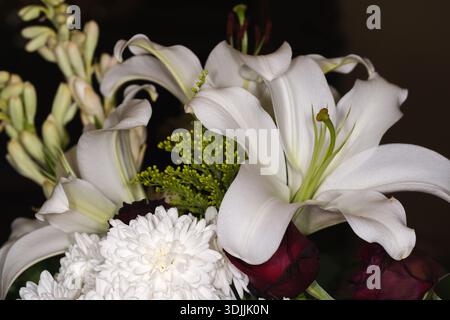 Eleganter Blumenstrauß mit weißen Lilien, Chrysanthemen und roten Rosen Stockfoto