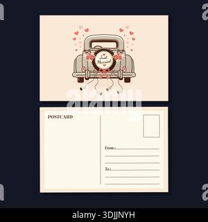 Hochzeitseinladungs-Postkarte mit Oldtimer-Just-Married-Text und Herzdekoration. Stock Vektor