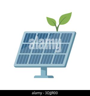 Sonnenkollektor mit grünen Blättern. Vektorsymbol für erneuerbare Sonnenenergie Stock Vektor