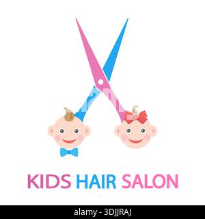 Illustration des Logos für Kinder-Friseursalon. Kindergesichter mit Schere auf weißem Hintergrund Stock Vektor