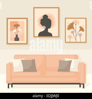 Modernes Wohnzimmer Innendesign mit Sofa und Galerie Wand Vektor Illustration. Stock Vektor