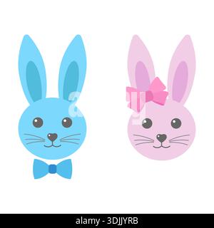 Süße Gesichter von osterhasen mit Schleife auf weißem Hintergrund Stock Vektor